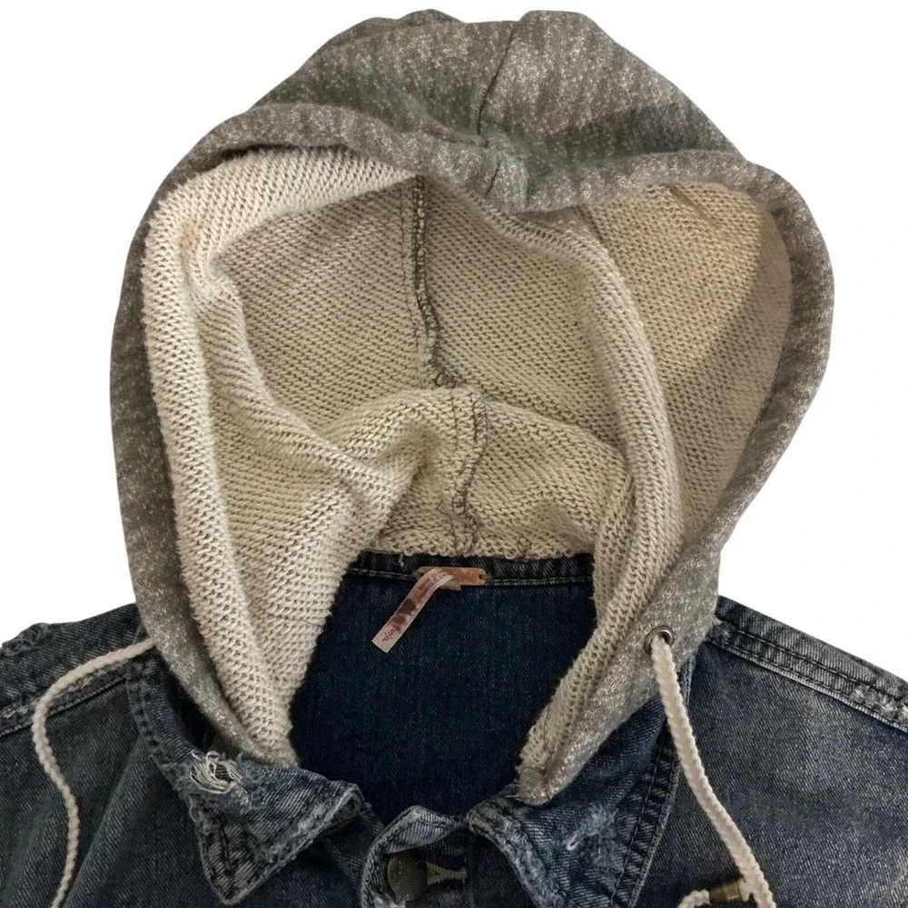 Free‎ People Mixed Media Denim Jacket Hooded Distressed Blue Grey Small - Picture 4 of 8